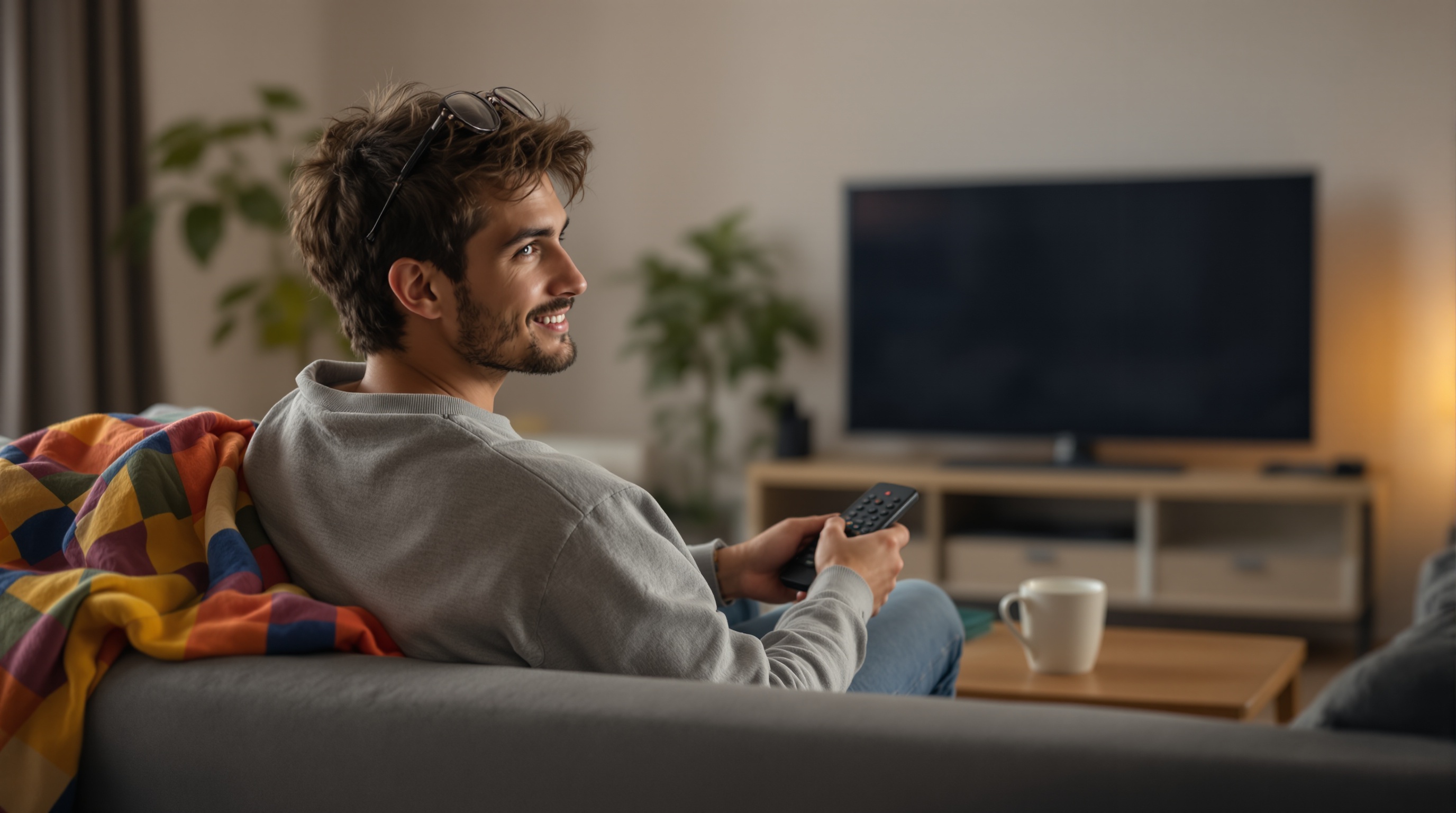A man sitting on a sofa, holding a remote control and watching television, with a mug resting on the coffee table.