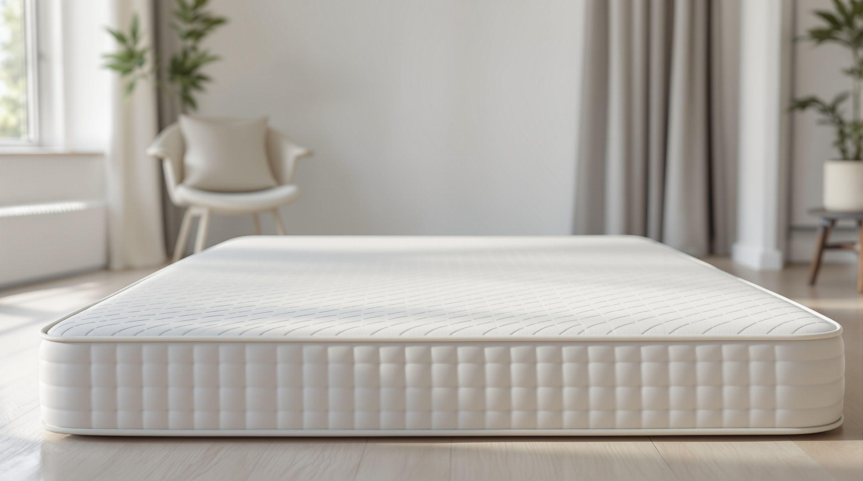 Matelas blanc sur le sol d'une chambre lumineuse et moderne, avec une chaise et des plantes en arrière-plan.