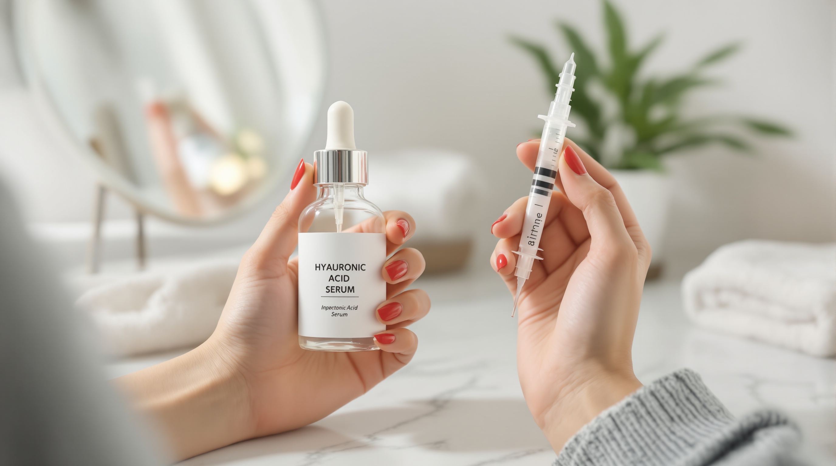 Main tenant un flacon de sérum à l’acide hyaluronique et une seringue sur une table de salle de bain, avec une plante en arrière-plan.