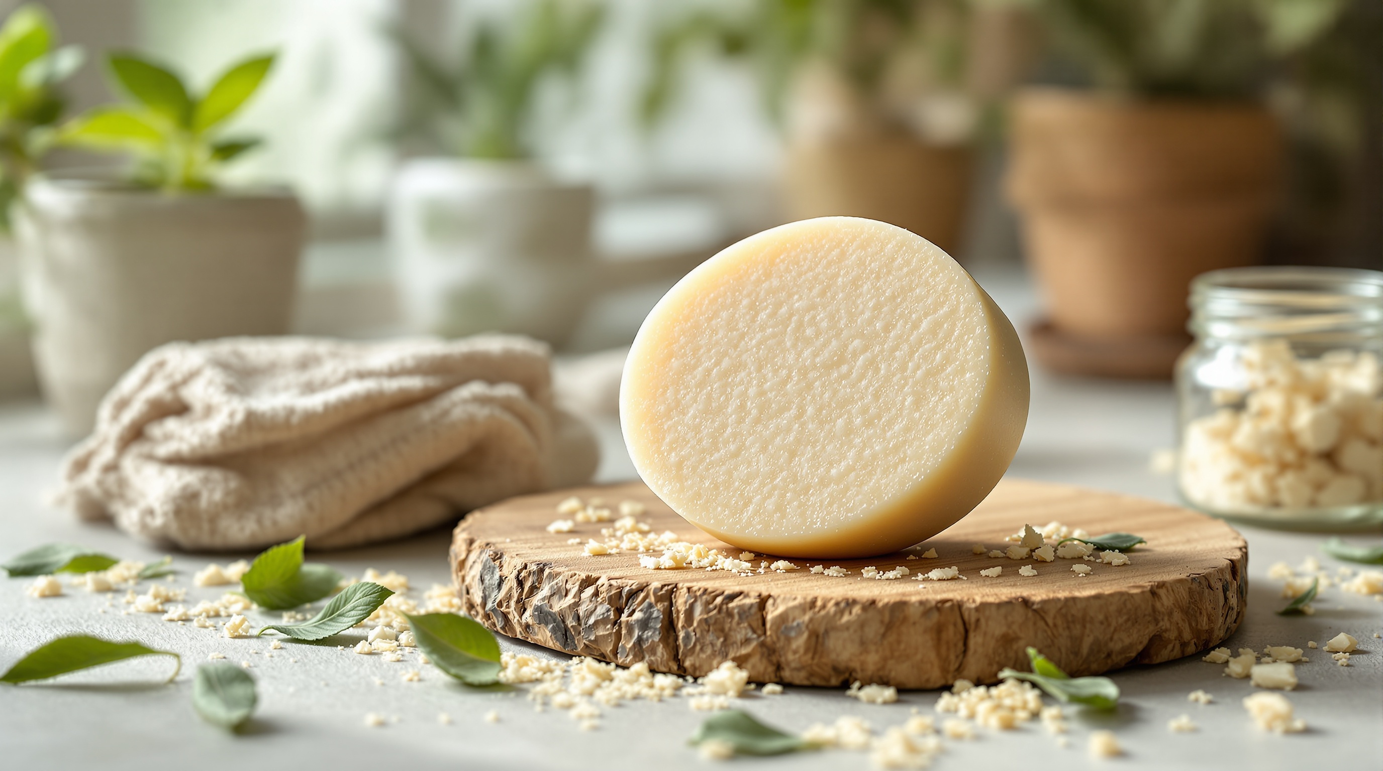 Shampoing solide rond posé sur une tranche de bois, entouré de miettes, de feuilles vertes, d’un linge et de pots en arrière-plan.