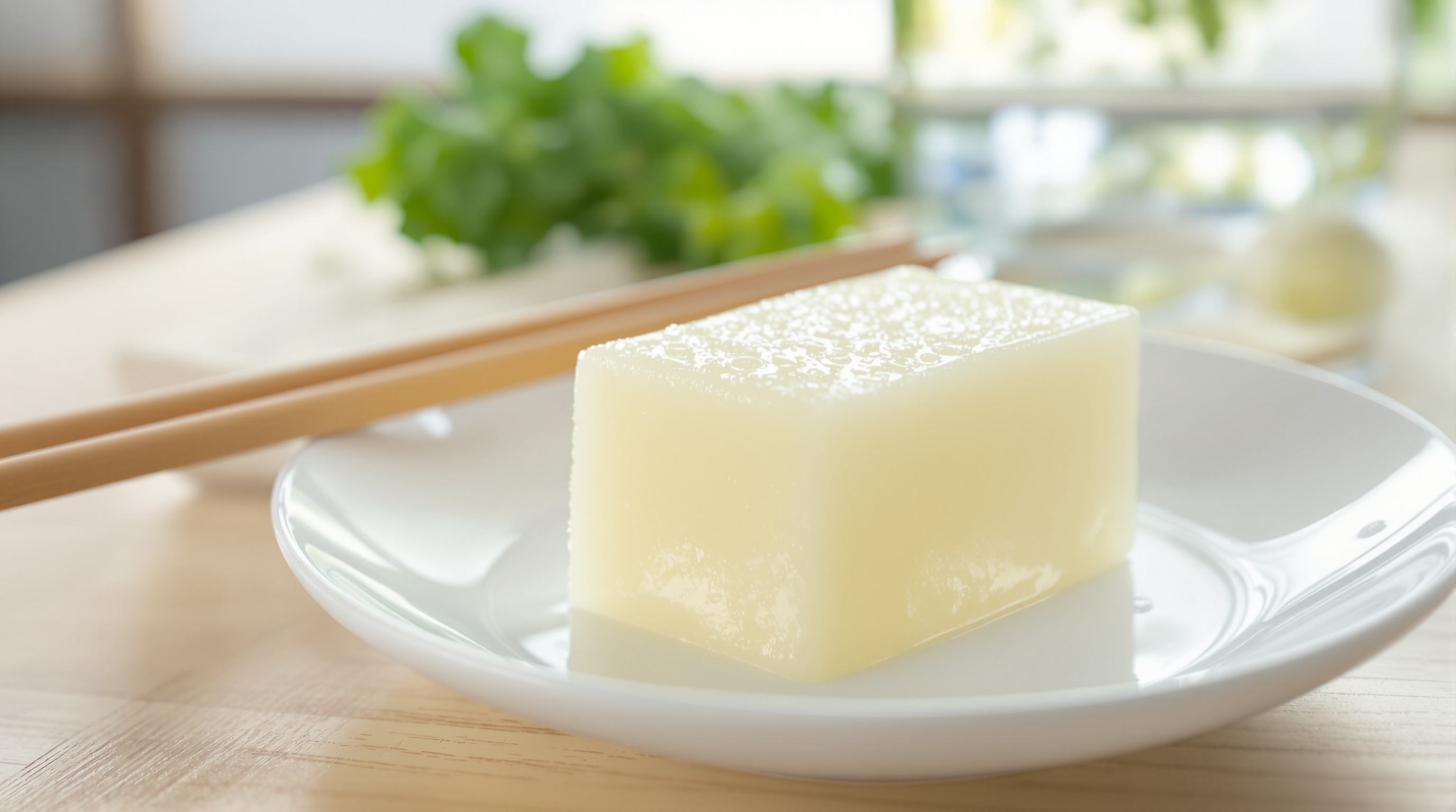 Bloc de gelée blanche de konjac posé sur une assiette blanche avec des baguettes à côté.