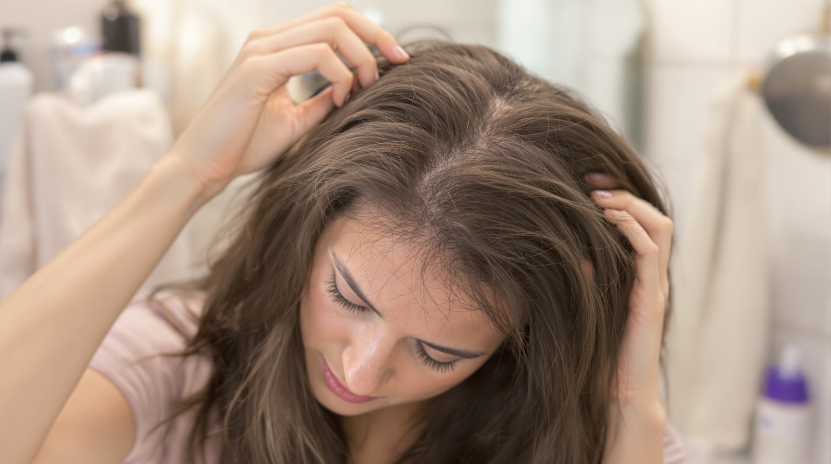 Femme vérifiant son cuir chevelu dans un miroir, examinant ses cheveux et ses racines.