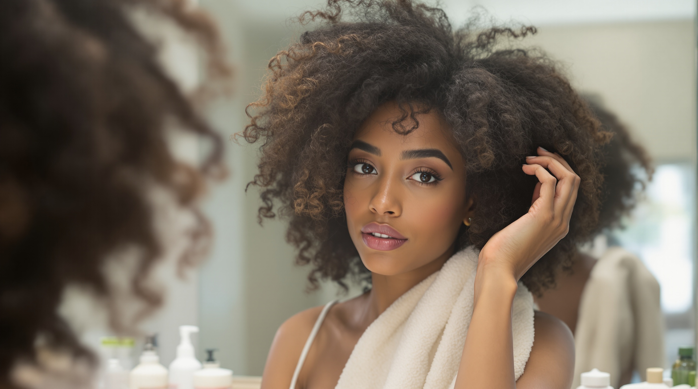 Femme avec des cheveux bouclés prenant soin de sa coiffure devant un miroir, avec une serviette autour du cou.