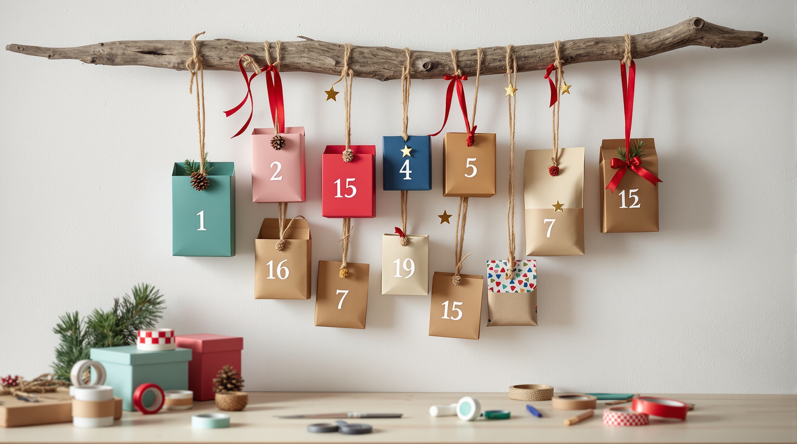 Calendrier de l'Avent fait main avec des sachets numérotés suspendus à une branche, décorations de Noël et boîtes cadeaux sur une table.
