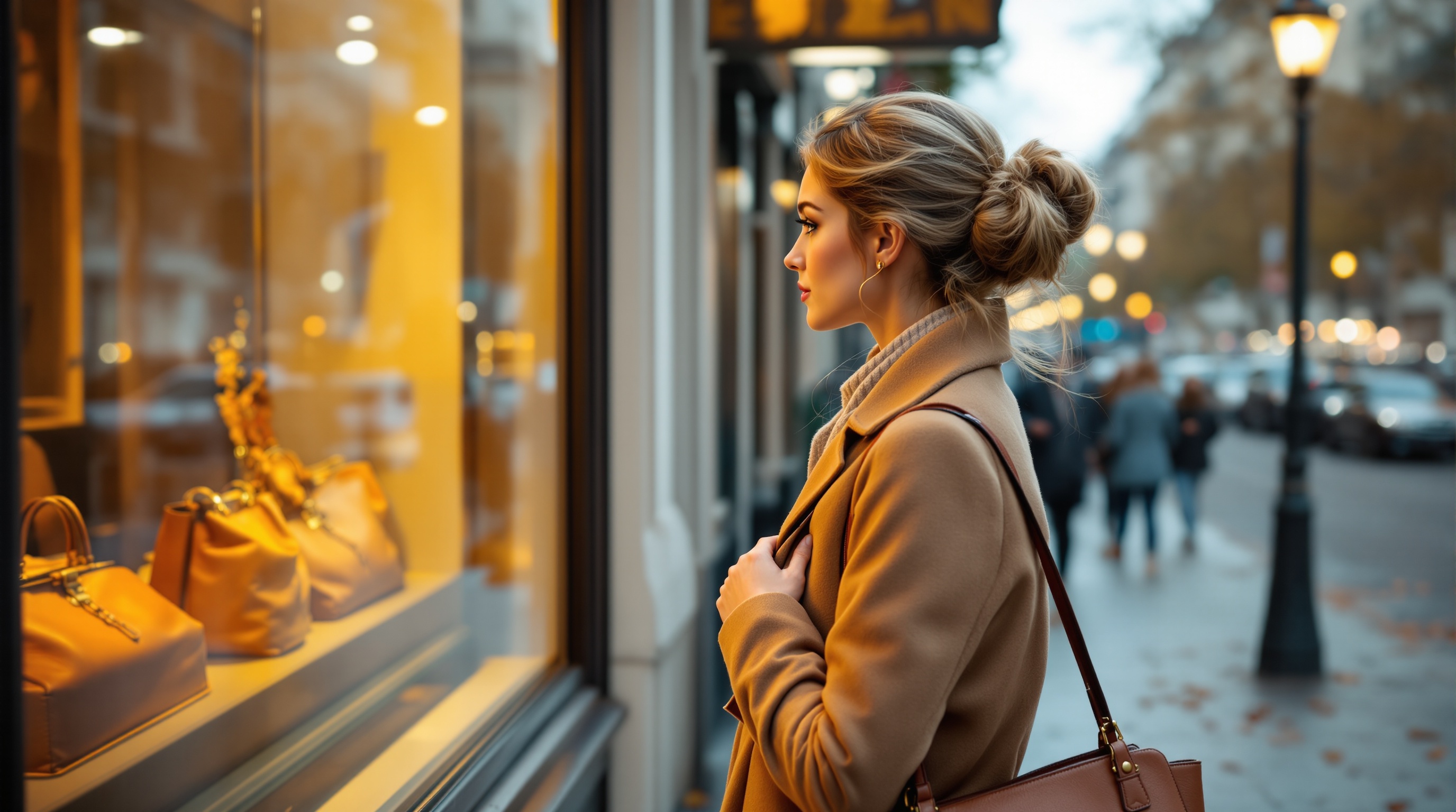 Une femme élégante en manteau beige regarde la vitrine d’une boutique de sacs à main dans une rue chic en soirée.