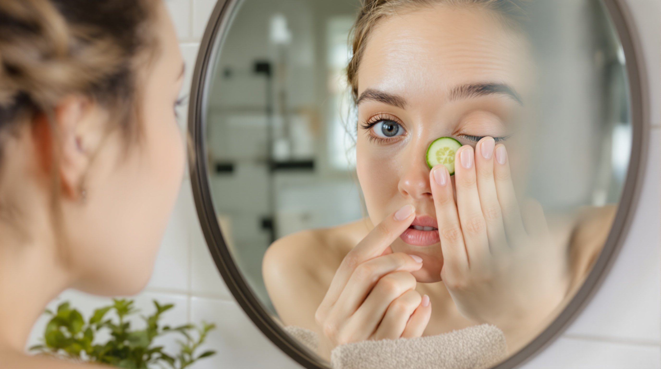 Femme regardant son reflet dans un miroir, tenant une rondelle de concombre sur un œil, dans une salle de bain.