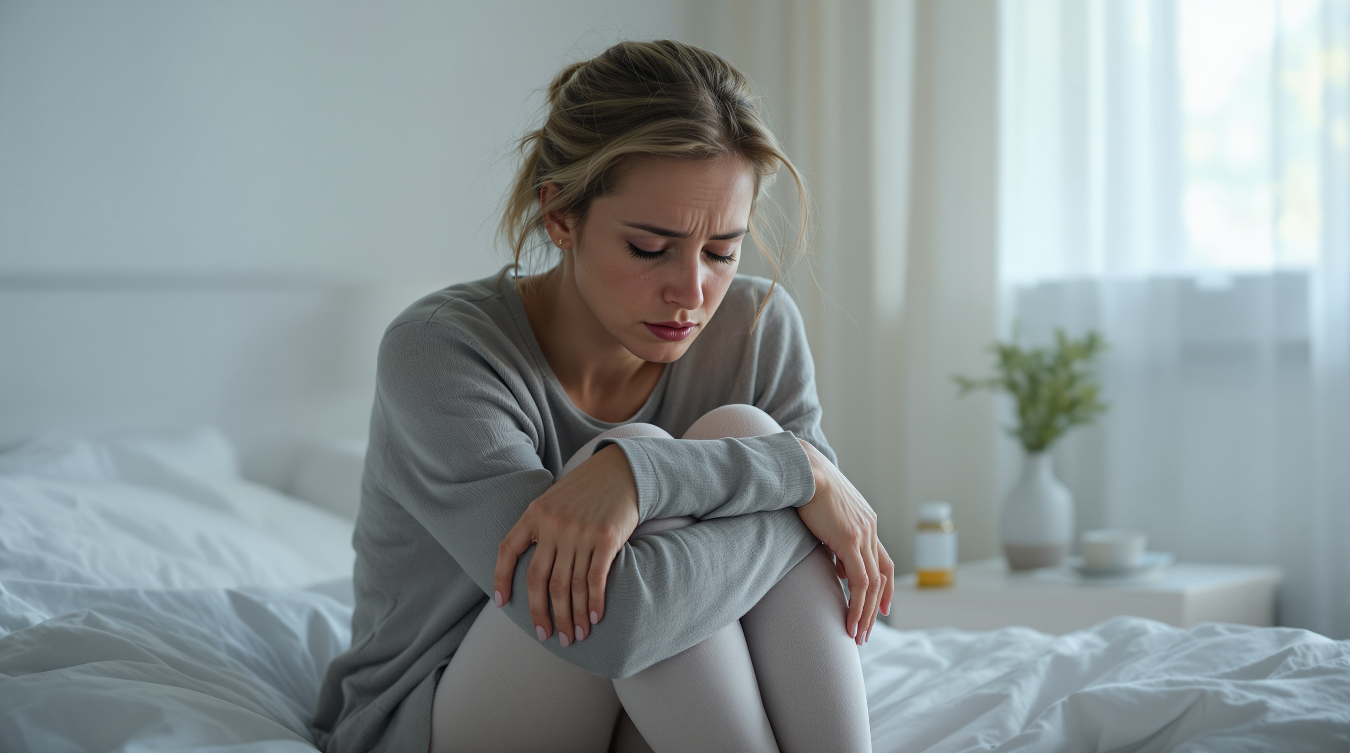 Femme assise sur un lit, l
