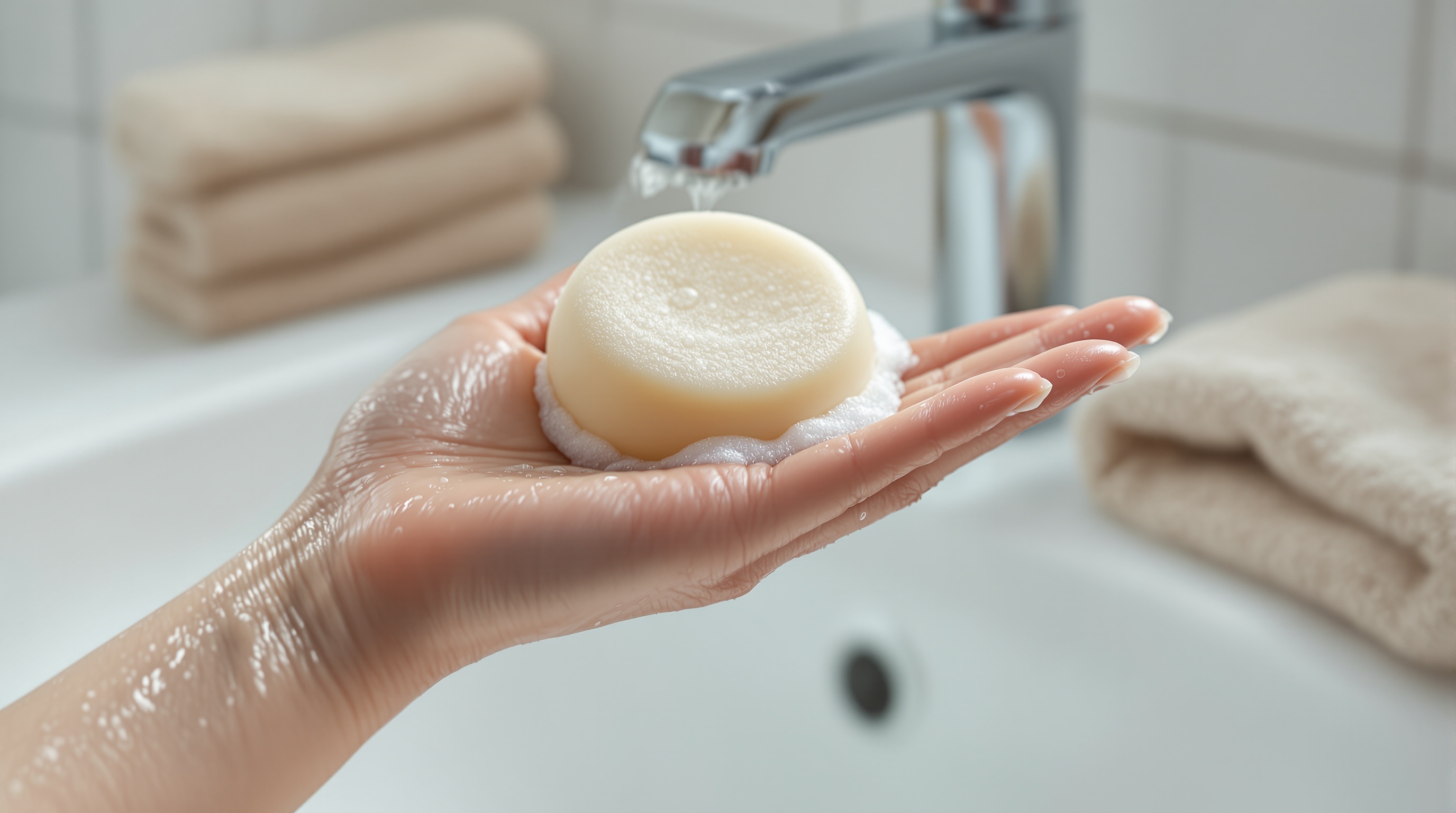 Main tenant un savon solide sous l’eau courante d’un robinet, avec des serviettes roulées en arrière-plan.