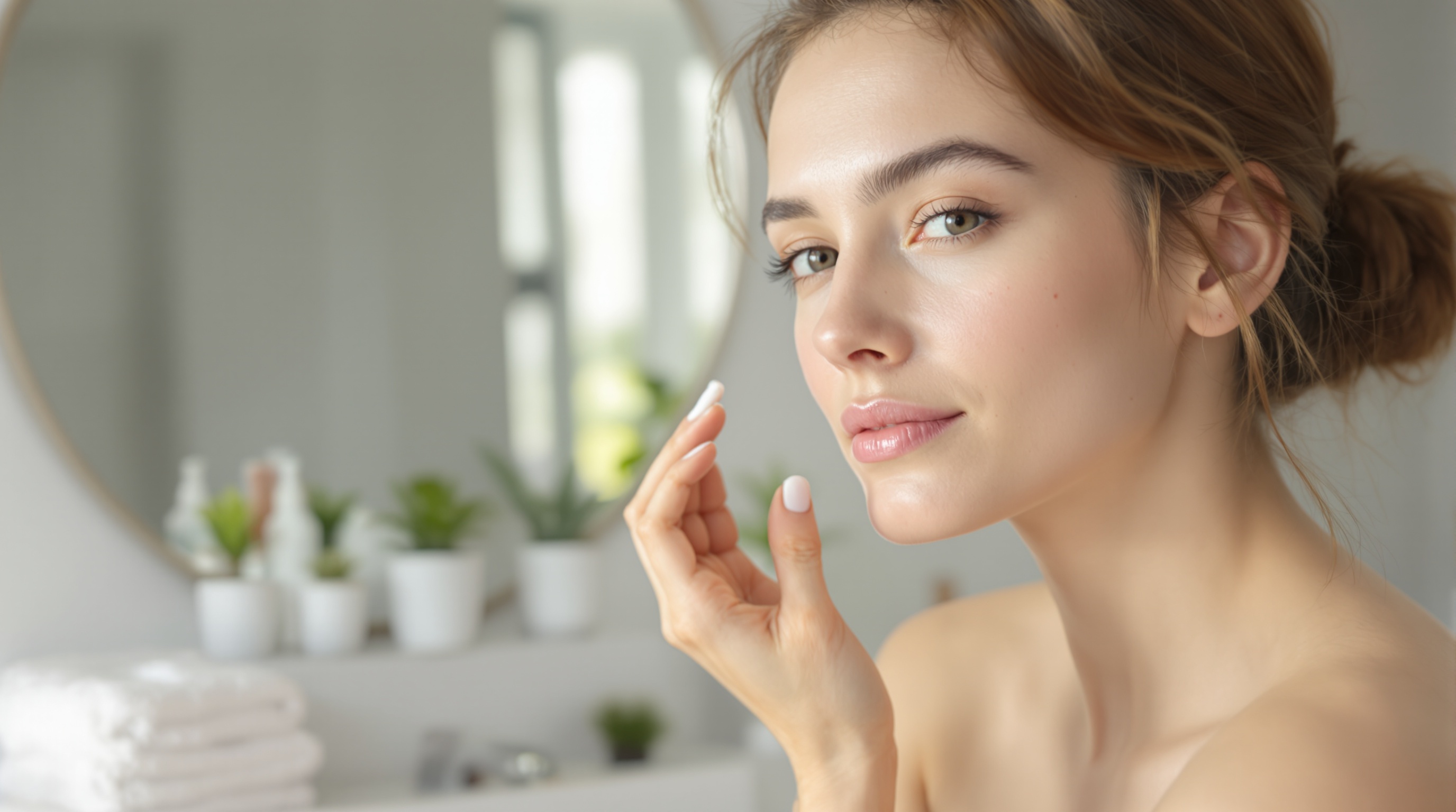 Femme appliquant une crème sur son visage dans une salle de bain lumineuse, devant un miroir.