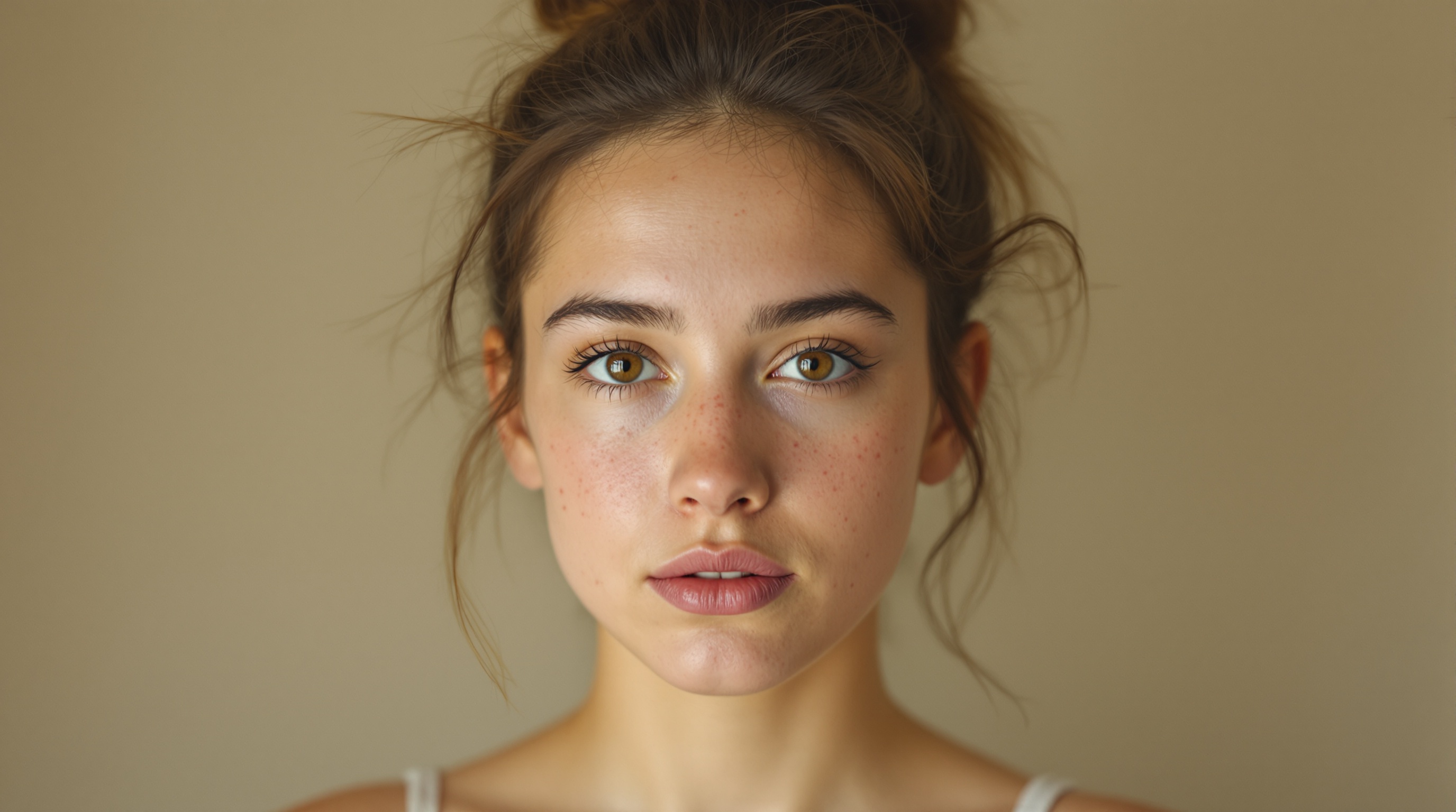 Portrait d'une jeune femme aux cheveux bruns relevés en chignon, avec des taches de rousseur et un fond neutre.