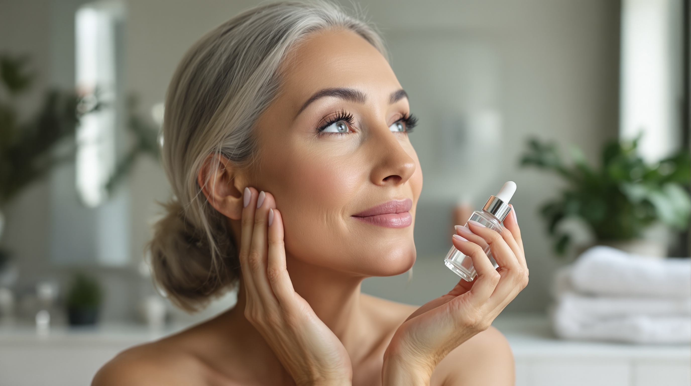 Femme souriante aux cheveux gris appliquant un sérum pour le visage dans une salle de bain lumineuse.