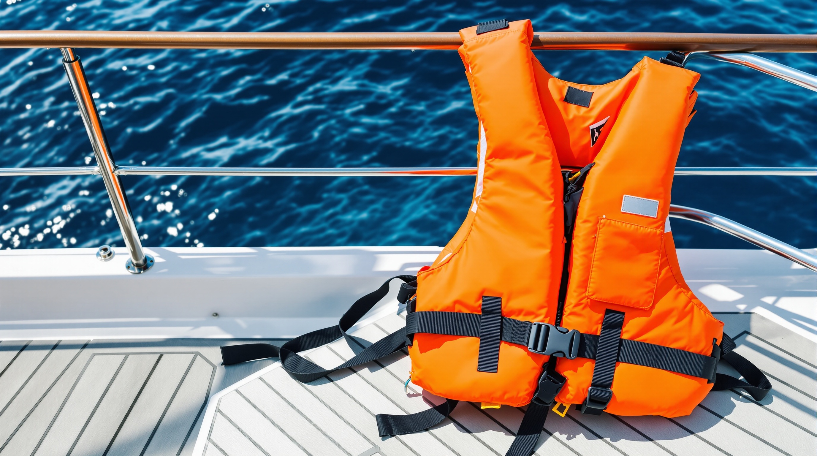 Gilet de sauvetage orange posé sur le pont d'un bateau, avec la mer en arrière-plan.