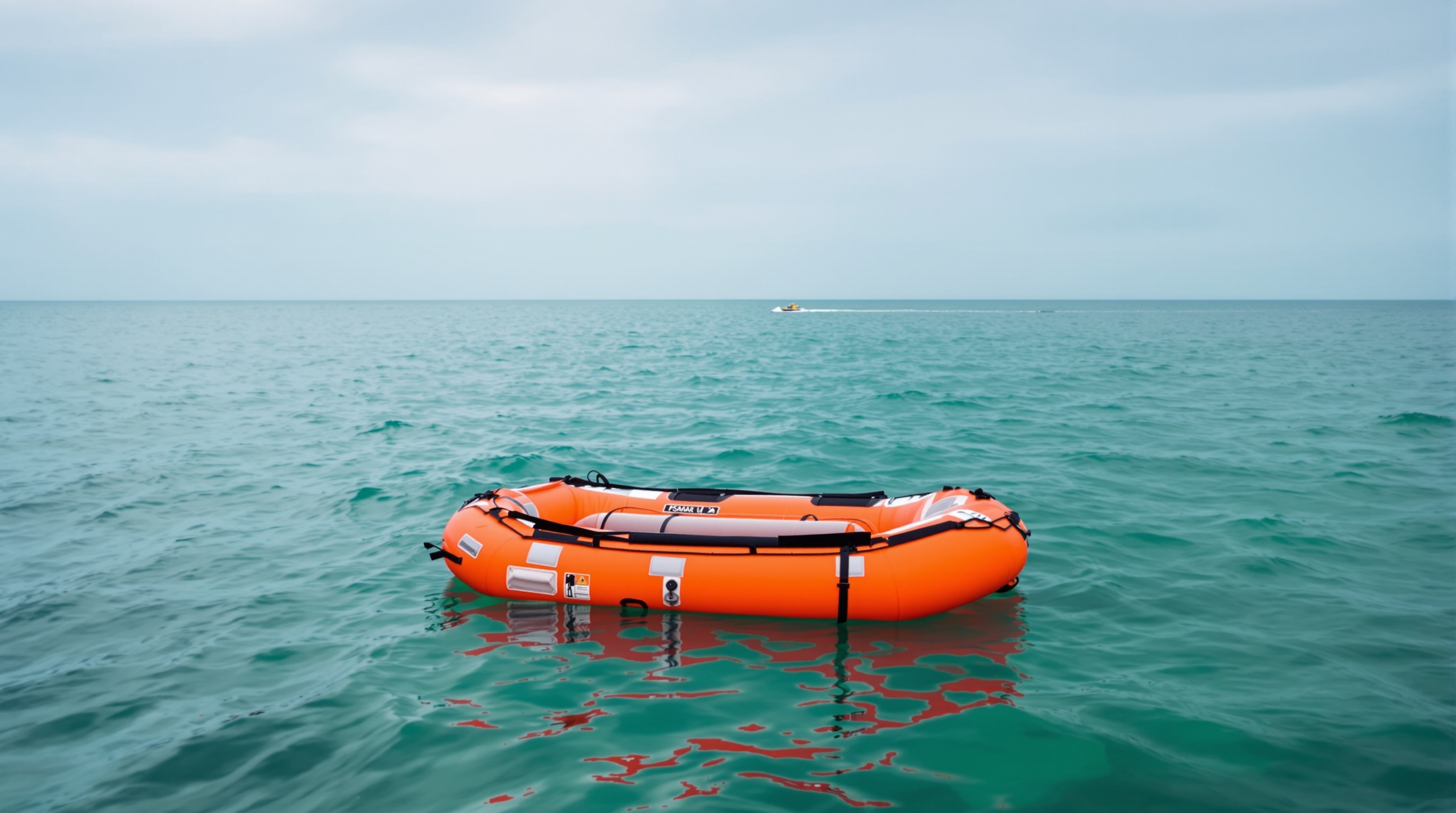 Canot de sauvetage orange flottant sur la mer.