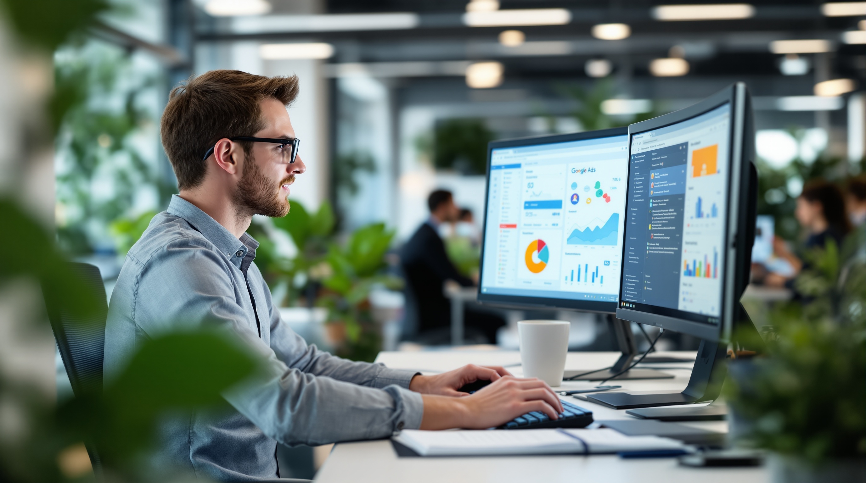Homme travaillant sur deux écrans d’ordinateur affichant des graphiques et des données analytiques dans un bureau moderne avec des plantes.