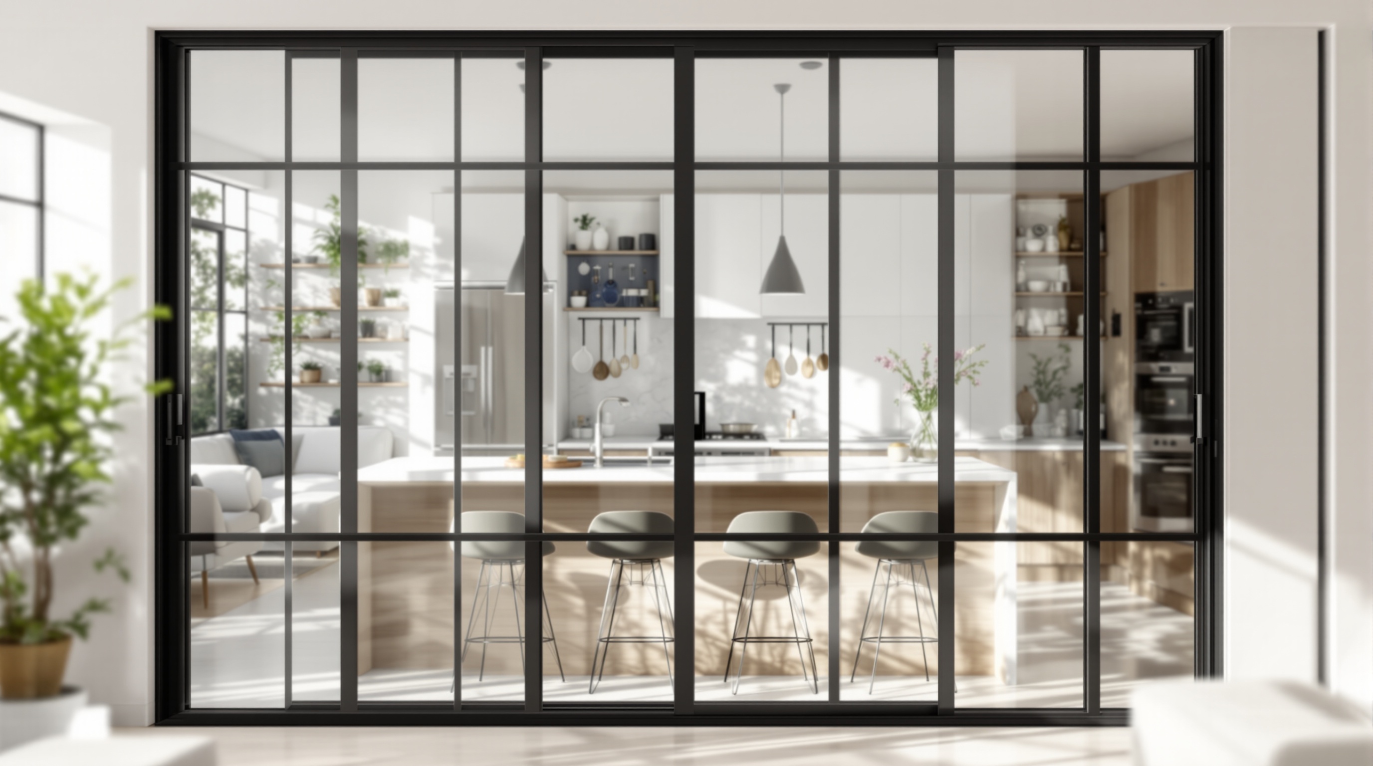 Cuisine moderne vue &agrave; travers une verri&egrave;re noire, avec &icirc;lot central, tabourets, suspensions et plantes d&eacute;coratives.